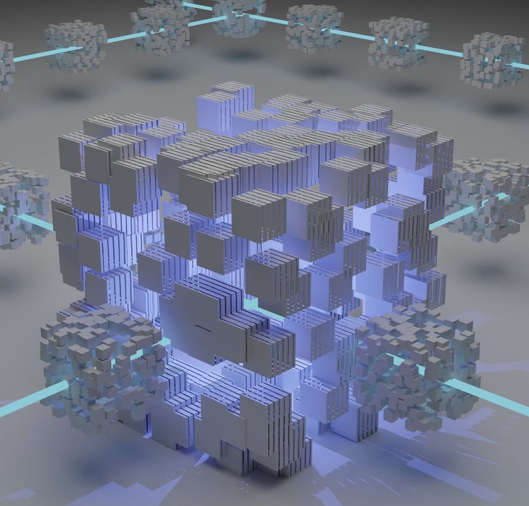 Representation of blockchain technology, large boxes created from many smaller boxes connected