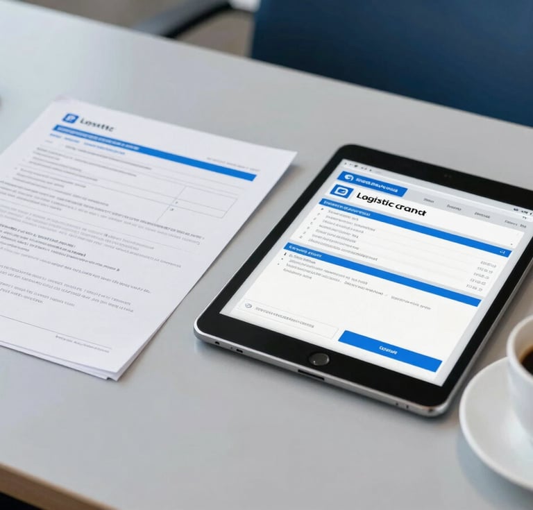 A professional desk with shipping documents, a tablet showing logistics tracking, and a cup of coffee, clean corporate blue tones