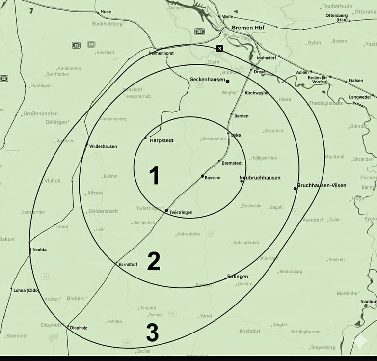 Eine Karte, in der unsere Liefergebiete eingezeichnet sind