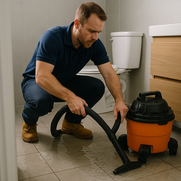 Plumber responding quickly to a flooded bathroom, using a wet vac.