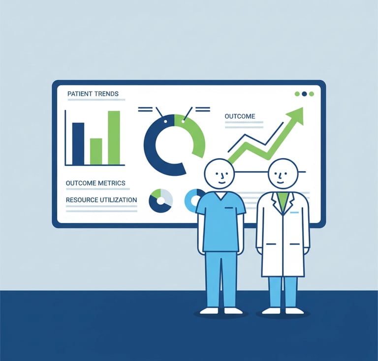 Healthcare professionals reviewing digital analytics dashboard showing reputation metrics and client