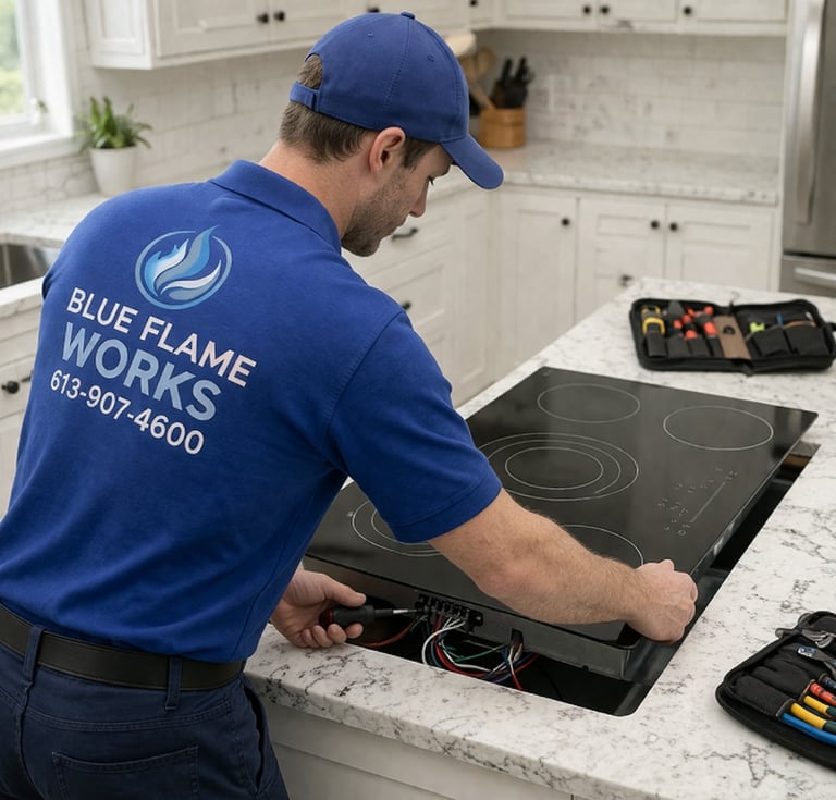 Blue Flame Works technician installing a black electric cooktop in a bright modern white kitchen.
