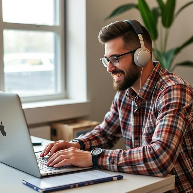 a man wearing headphones, sitting at a desk and responding to the clients of stock market