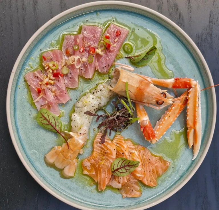 Tuna & salmon carpaccio and langoustine tartare served at St Blaise Dalmatian restaurant in Sydney