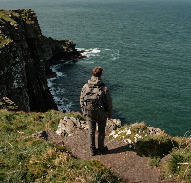 a man wearing a backpack who is looking at the sea from the coastal path
