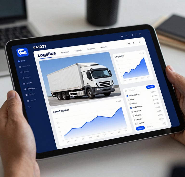 A modern workspace showing a digital tablet with a trucking logistics dashboard and financial growth metrics. Professional and authoritative atmosphere. Lighting is sharp and clean. Uses #0A1D37 and #8BAED1 prominently.