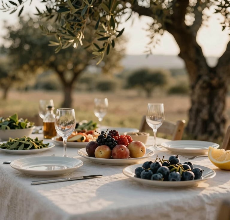 A beautifully set outdoor table with fresh Mediterranean food under olive trees in Corsica, golden hour light, focus on textures