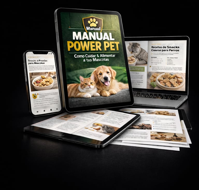 Digital pet care guide displayed on a tablet, laptop, and smartphone featuring dog and cat nutrition tips.