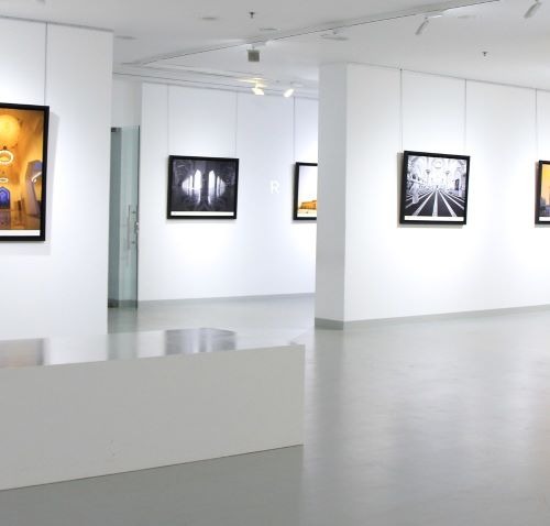 Framed photography exhibition in a modern minimalist art gallery with white walls and professional track lighting.