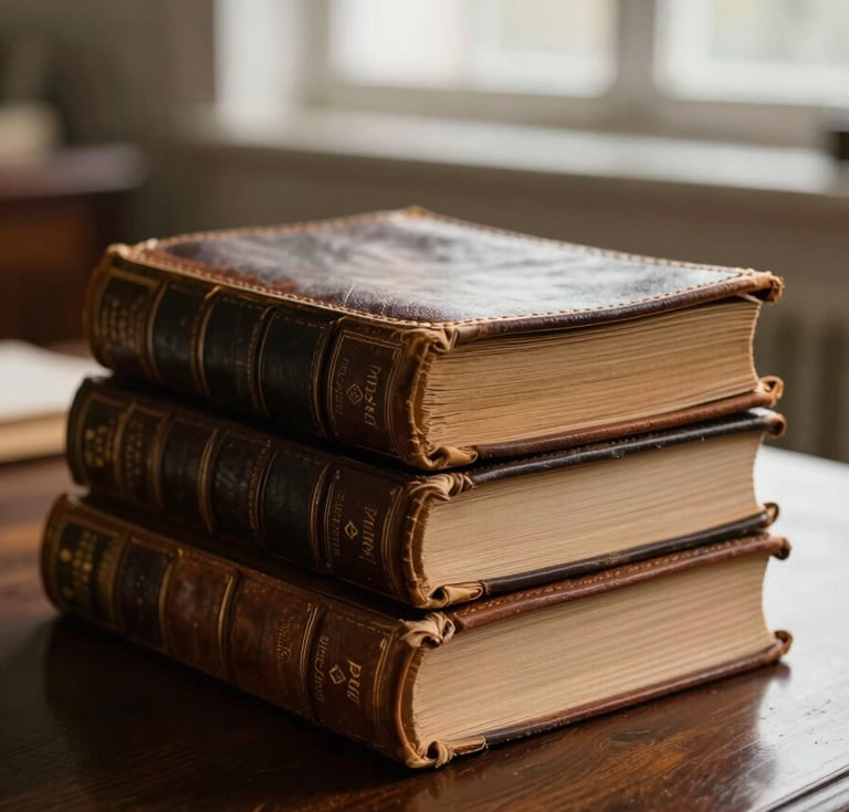 Macro photograph of antique leather-bound medical journals stacked neatly on a dark oak desk, warm morning light filtering through a high window, shallow depth of field.