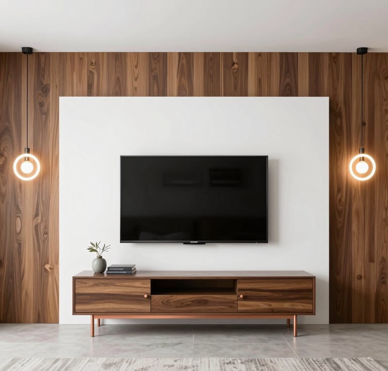 Modern living room featuring a wall-mounted TV over a walnut media console with elegant pendant lighting.