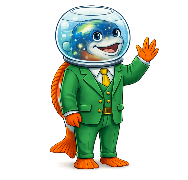 Cartoon fish mascot wearing a green suit and a fishbowl space helmet with a nebula pattern.