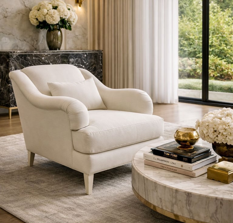 Custom ivory accent chair in a luxury living room with marble coffee table and elegant styling by Solo Home Decor