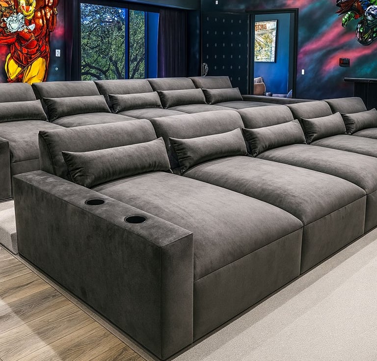 Modern luxury home theater with tiered dark gray velvet seating, cup holders, and plush back cushions by Solo Home Decor.