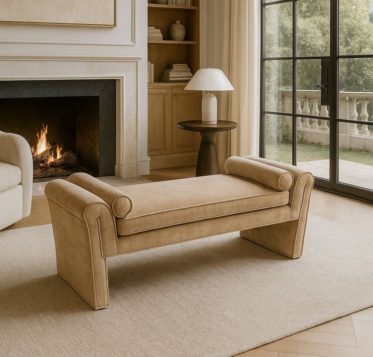 Elegant beige rolled-arm bench styled in a luxury living room with neutral tones, custom crafted by Solo Home Decor.