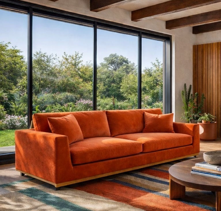 Burnt orange upholstered sofa in a modern living room with large windows, wood ceiling beams, and a colorful area rug.
