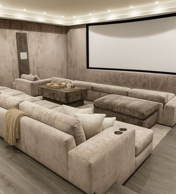 Solo Home Decor luxury home theater with sectional seating, ottomans, and custom design for an elevated movie experience.