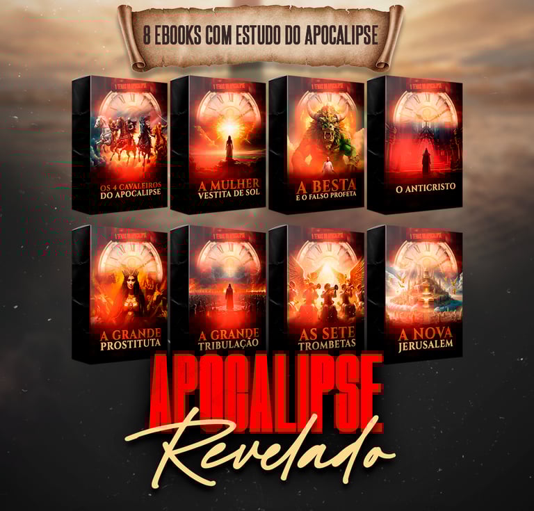 Coleção de 8 ebooks de estudo bíblico sobre o livro de Apocalipse com capas ilustrativas e temas proféticos.