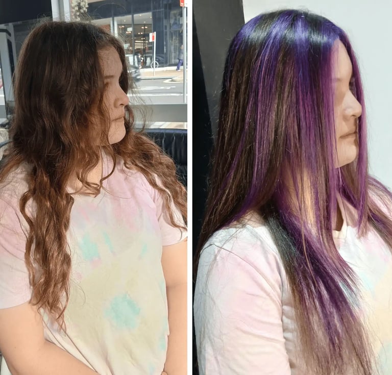Before and after hair transformation showing a wavy brunette style updated to straight hair with purple highlights.