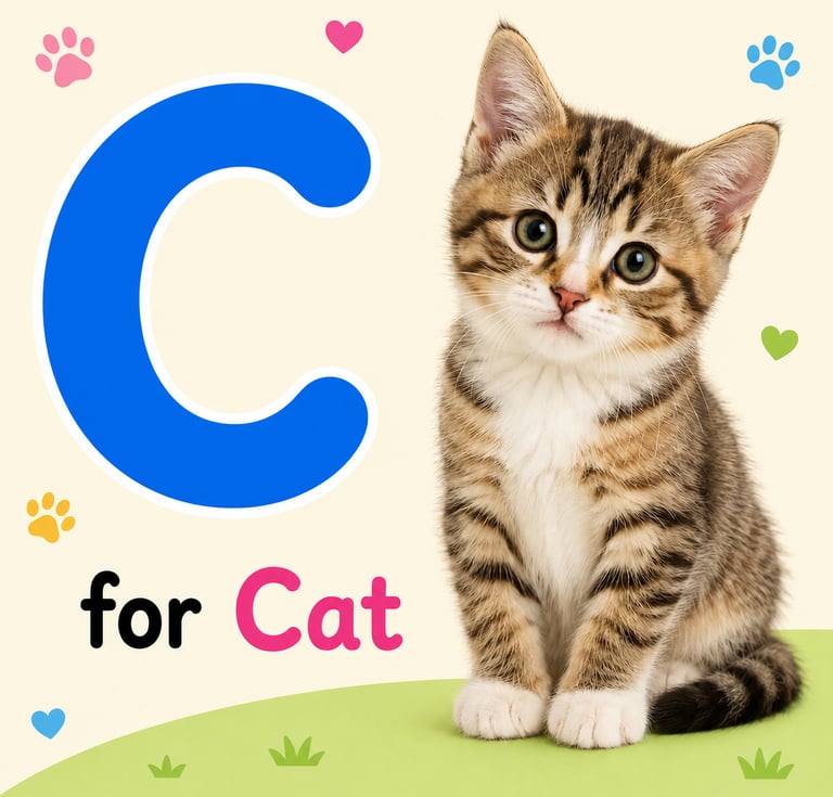 Educational alphabet poster featuring a cute tabby kitten next to a large blue letter C for Cat.