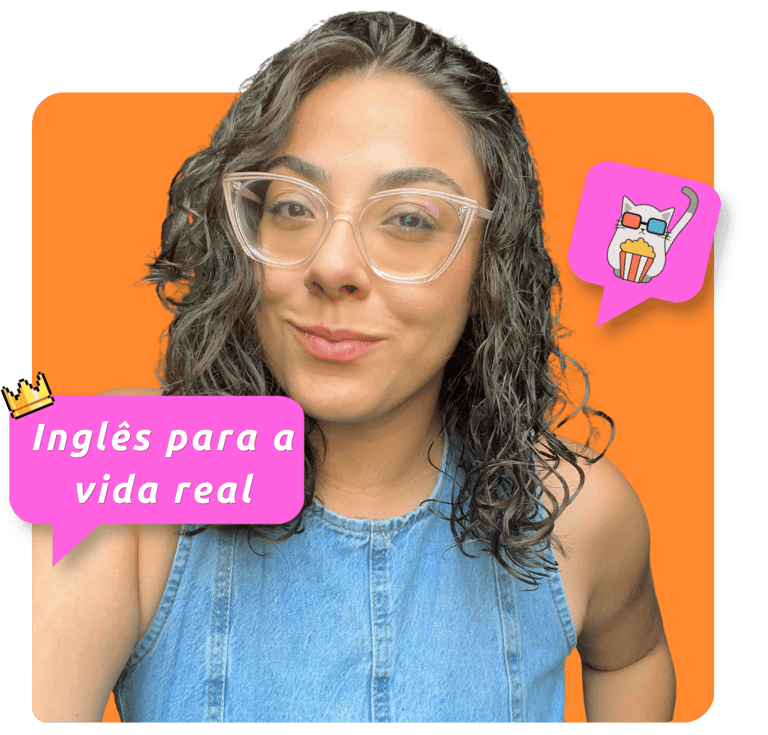 mulher com cabelos ondulados, sorrindo. Dizeres aobre inglês reaL e elementos de entretenimento