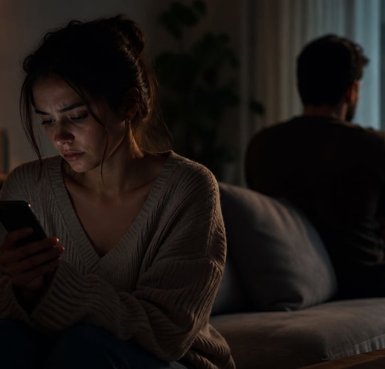 A somber woman looks at her phone while a man sits with his back to her, illustrating relationship problems or an argument.