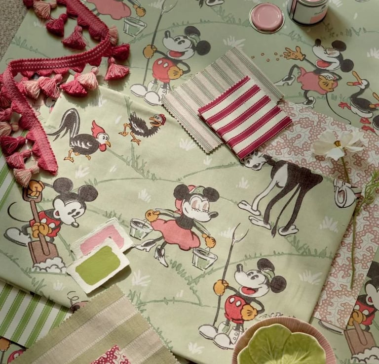 Tissus multiples sur un papier peint de Mickey et Mini et un morceau de passementerie
