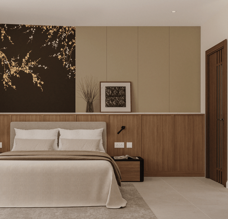a bedroom with a bed and custom unit behind Japandi Design | Visuals interior design Malta 