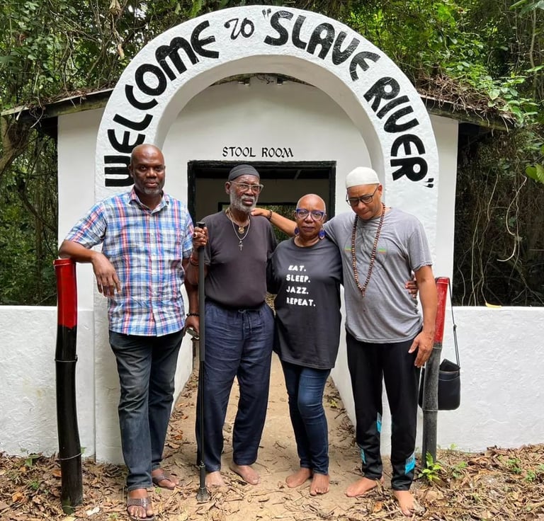 three men standing in front of a sign that says welcome to share rice