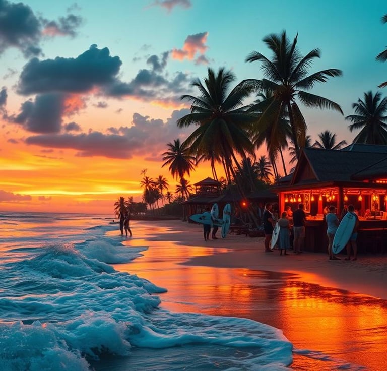 a beach with people standing on the sand