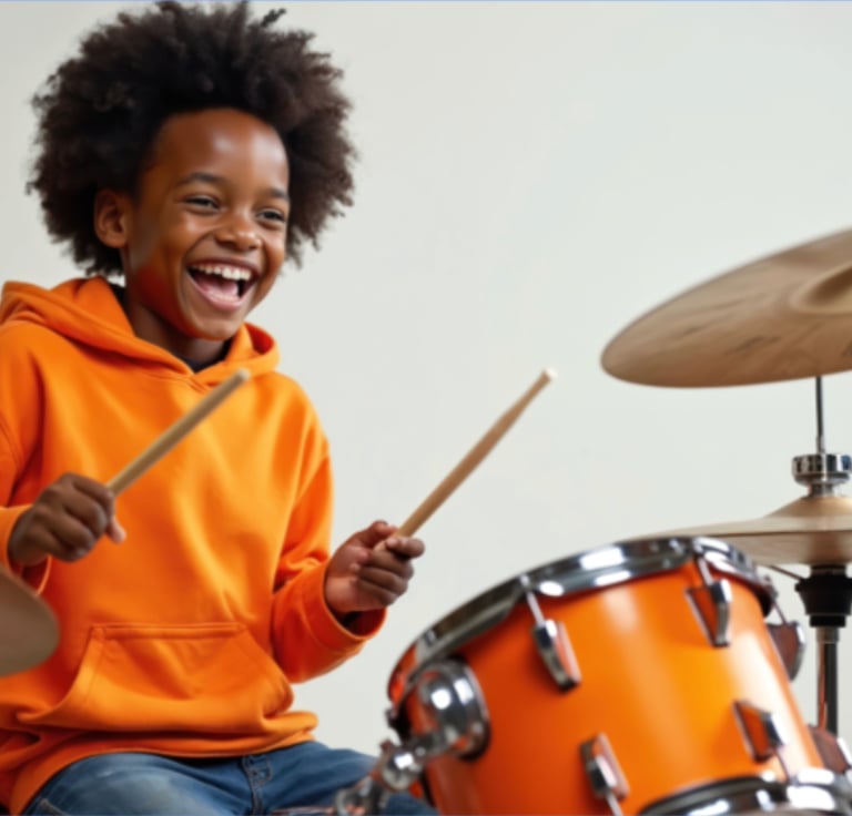 african american kid playing drums and laughing