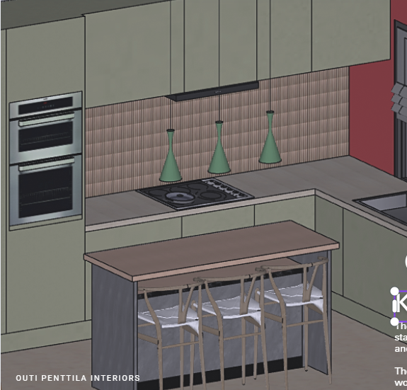 Modern kitchen design featuring green cabinets, a kitchen island with bar stools, and pendant lighting.