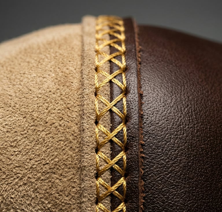 Close-up of intricate gold cross-stitching on premium brown leather and tan suede fabric.