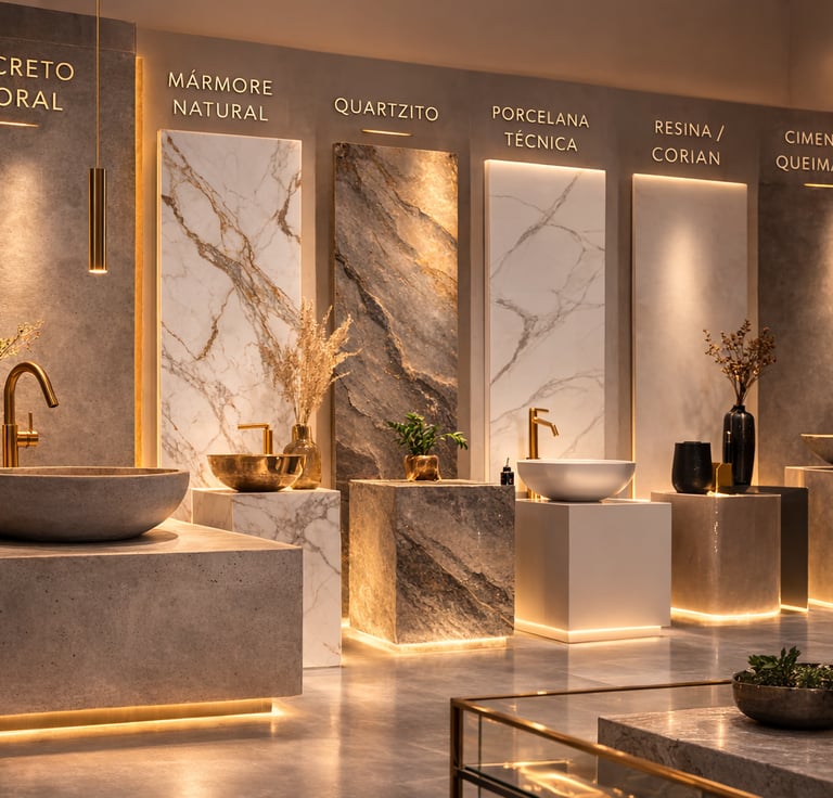 Exposição de materiais arquitetônicos com cuba de concreto autoral ao lado de mármore, quartzito