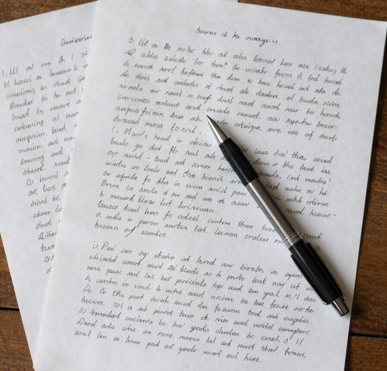 Close overhead flat-lay of manuscript pages covered in handwritten editing marks on a worn wooden desk, a single pen resting diagonally across the sheets, north-facing daylight falling softly from the left edge