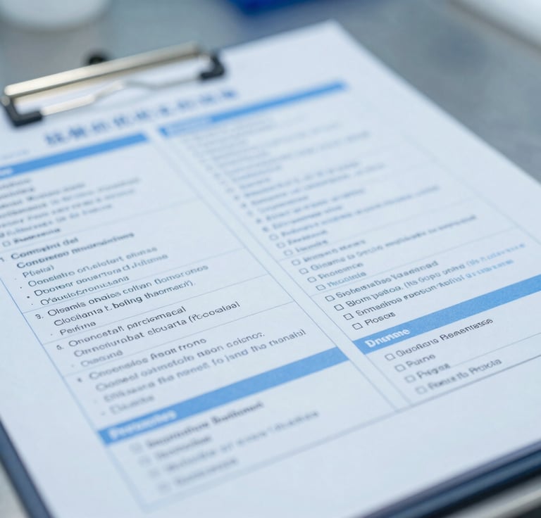 Macro close-up of a printed clinical medical catalog on a sterile steel laboratory counter, bright high-key clinical light, cool blue undertones, sharp focus on technical text