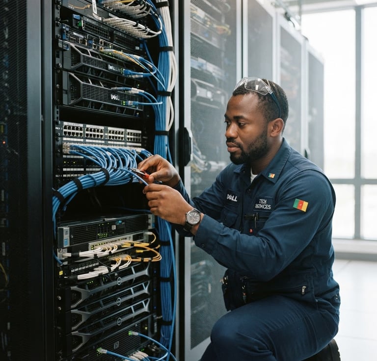A professional Cameroonian technician in a clean navy blue uniform, focused on wiring a modern network server cabinet, bright natural daylight, crisp details, 35mm