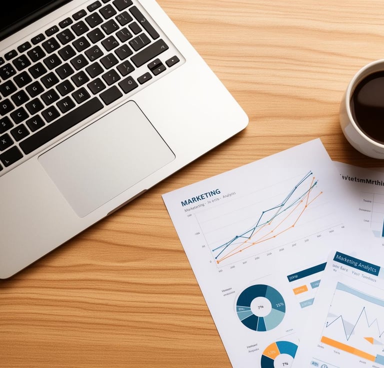 Overhead view of a laptop, marketing analytics reports, and a coffee cup on a wooden desk.