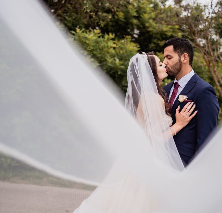 a bride and groom kissing in a veiled veil