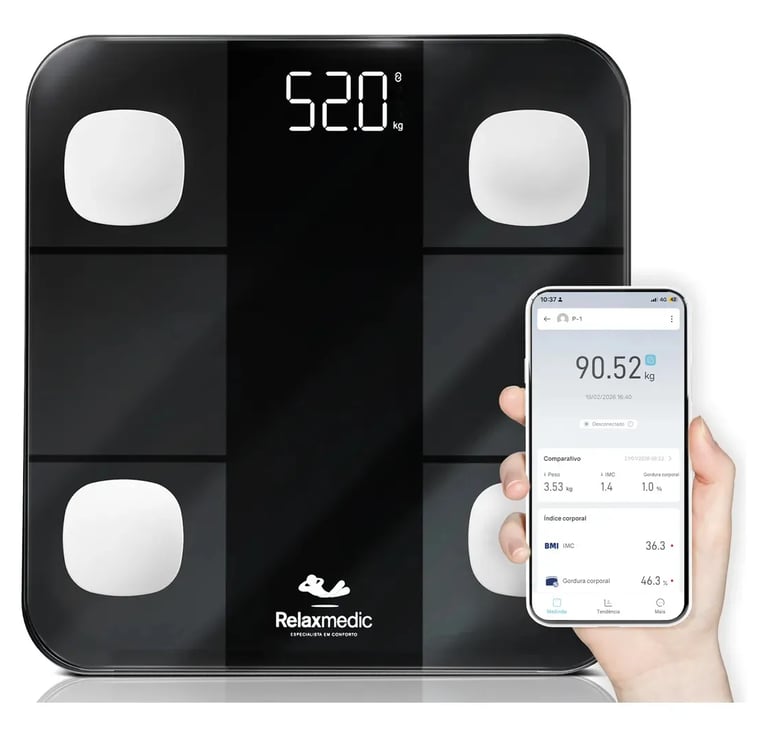 Balança Digital Corporal Bioimpedância Aplicativo Bluetooth Relaxmedic