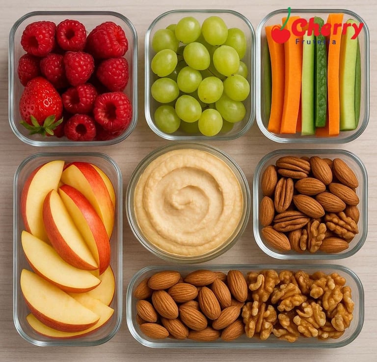 Mesa con envases llenos de frutas, frutos secos y hummus.