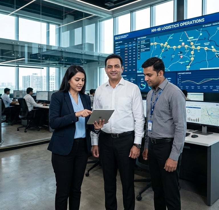 three Indians standing inside a company