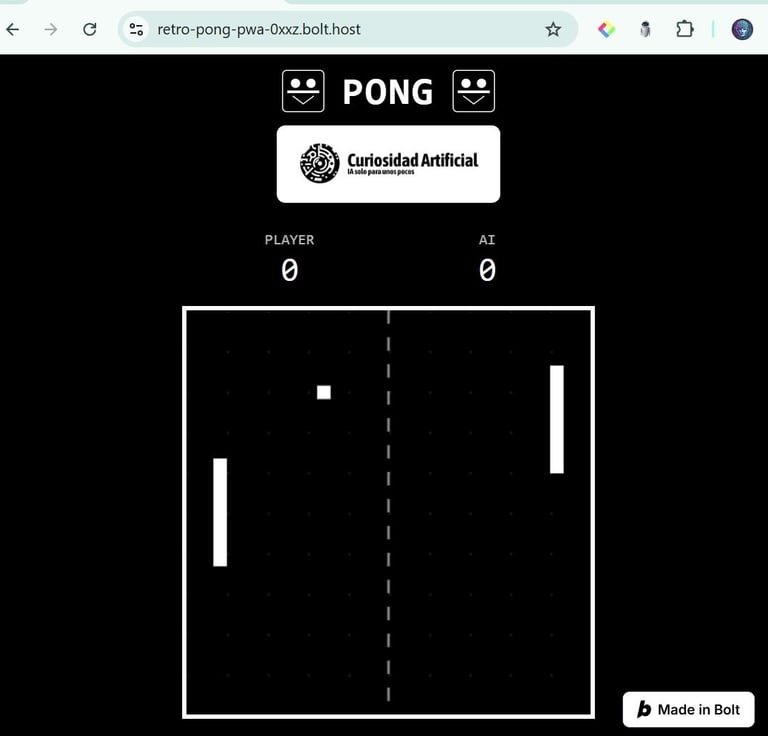 Pong retro desarrollo por Bolt.new de un sólo prompt. Pong clásico.