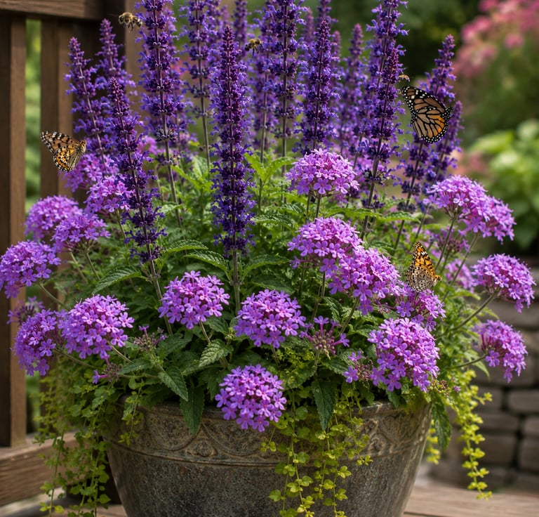 Purple salvia and verbena flowers in a ceramic planter attracting butterflies and bees on a garden patio.