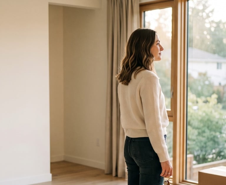 Persona joven con las llaves de su primera vivienda junto a una ventana luminosa