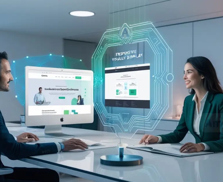 Un hombre y una mujer en un ambiente de oficina moderna analizan diseños web interactivos proyectados en hologramas.