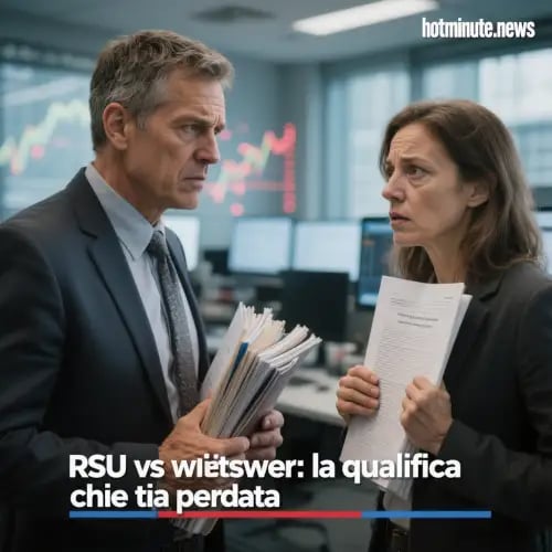 a man and woman in business attire standing in front of a computer screen