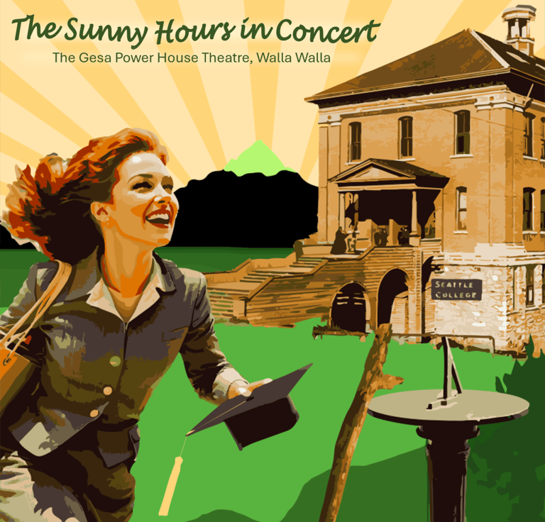 A happy college co-ed holding a graduation cap. A hiking stick and sundial are beside here.