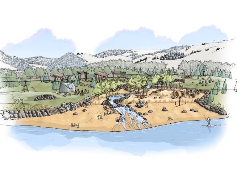 a drawing of a lake with a mountain in the background