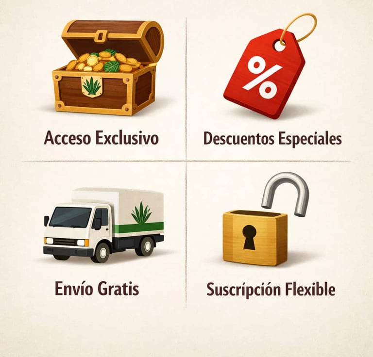 Collage de iconos que representan los beneficios de la suscripción Etukua: un cofre del tesoro (excl